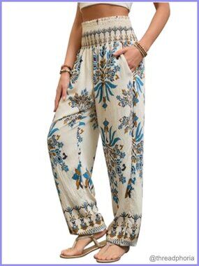 Women's Harem Pants Hippie Boho High Waist Flowy Wide Leg Yoga Pants